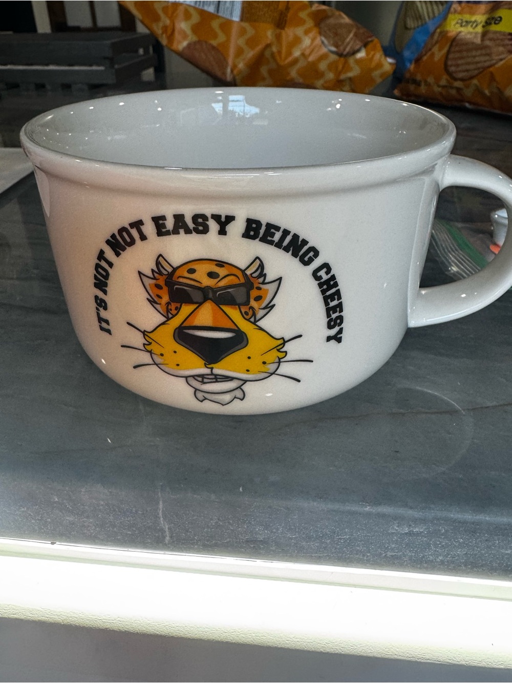 White Ceramic Mug with Yellow Cheesy Cheetah Graphic - Unbranded